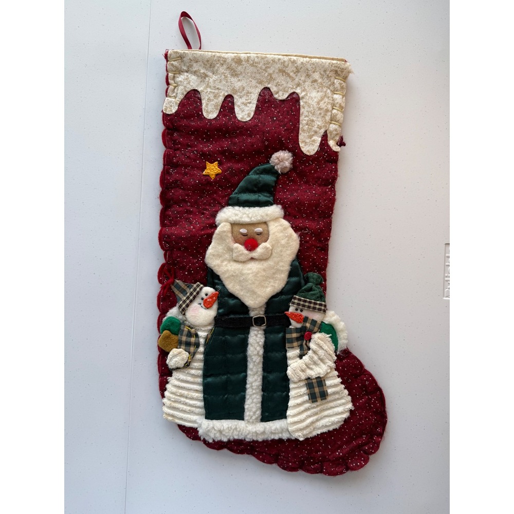 Handmade 3D Christmas Stocking Santa Claus Snowman Puffy Rustic‎ 19"Folk Art